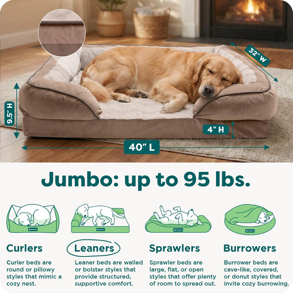 Memory Foam Dog Bed for Large Dogs W/ Removable Bolsters & Washable Cover, for Dogs up to 95 Lbs - Plush & Velvet Waves Perfect Comfort Sofa - Brownstone, Jumbo/Xl